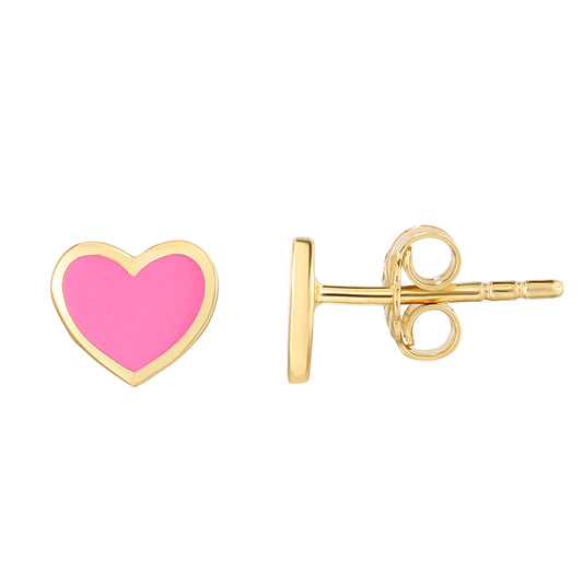14k Gold Pink Heart Enamel Stud Earrings